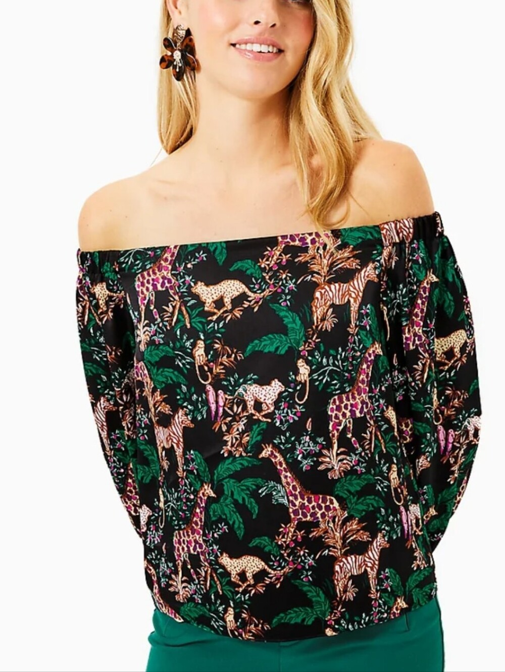 Lilly Pulitzer Safari Jungle Giraffe Leopard Off Shoulder Satin Blouse Top XL - Picture 2 of 15